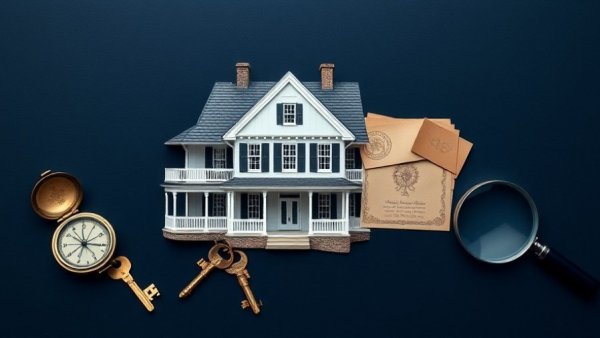 Illustration representing strategies to prevent strategic drift in branding with house, compass, keys, magnifying glass.