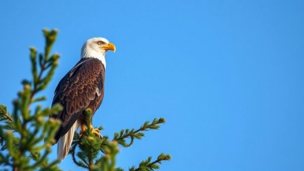 Majestic bald eagle perched on tree branch against blue sky