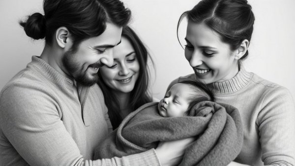 Heartwarming black and white family portrait, smiling adults and sleeping baby.