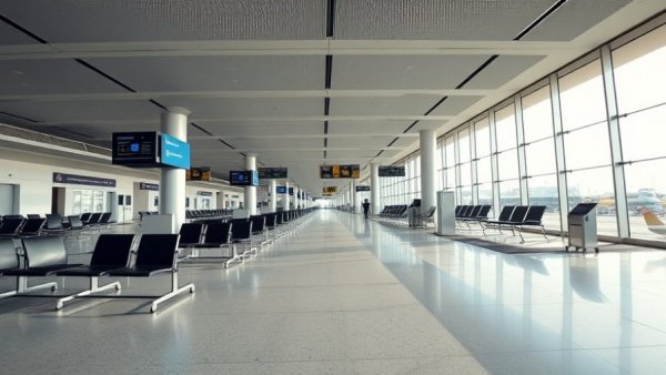Empty airport gate at Pellston Regional Airport showing empty seats.