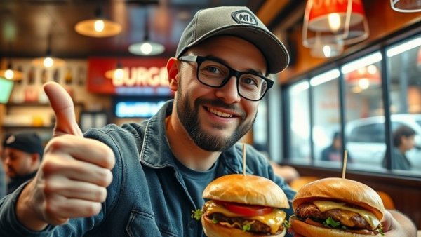 Man participating in Six Pack Smash Burger Challenge thumbs up in a cozy diner.
