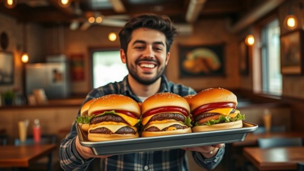West Michigan restaurant's 6 Smash Burger Challenge participant holding burgers with a thumbs up.