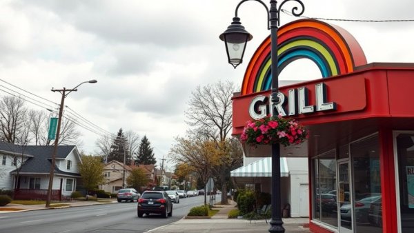 Street view of Rainbow Grill sign under cloudy skies, Grandville.