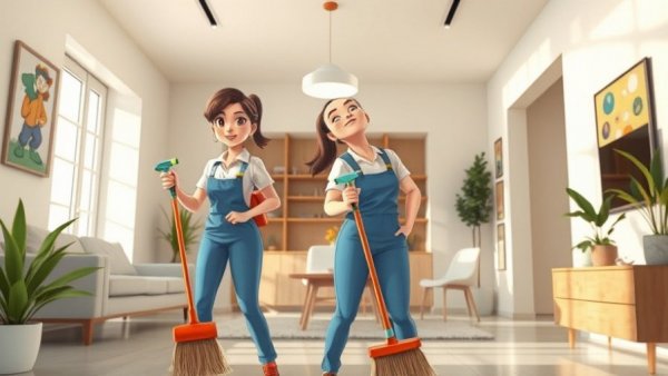 Animated women cleaning a home, highlighting on-demand home services.