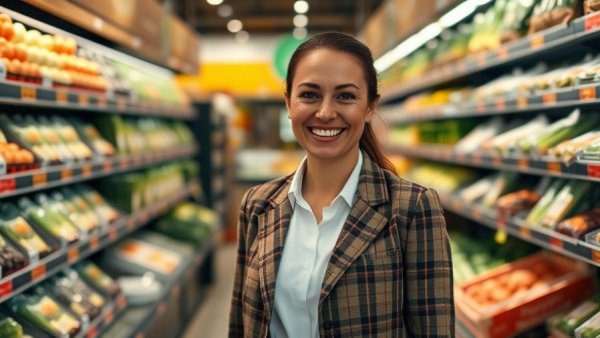 Smiling woman in grocery aisle of Michigan Food Club Network
