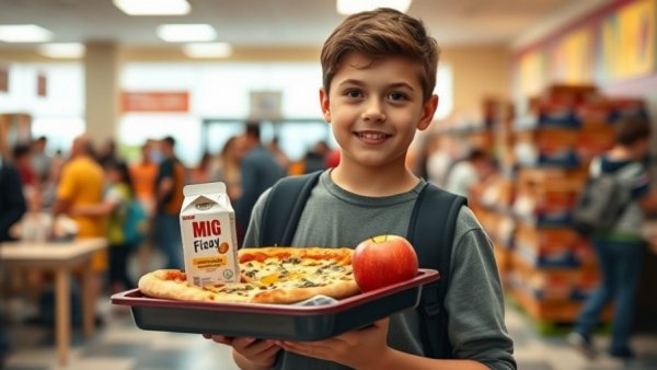 Student with lunch tray highlighting Michigan free social programs.