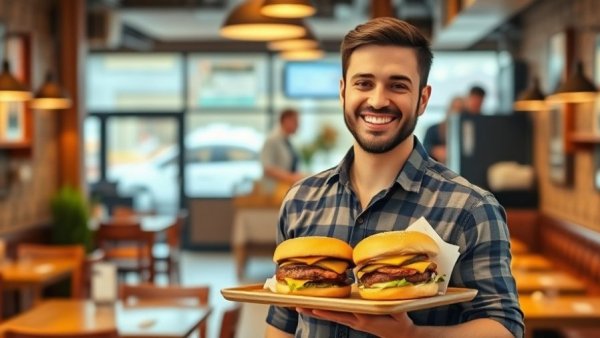Man at Michigan restaurant burger challenge, smiling with tray of burgers.