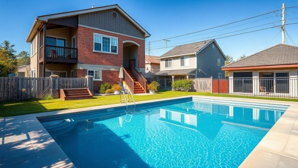 Unsafe wall demolition view from Phoenix backyard with pool.