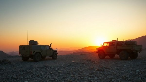 Hezbollah Drone Attack tanks at sunset on rugged terrain.