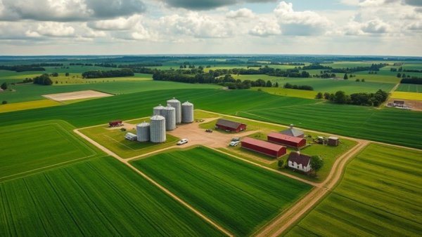 Aerial view of a farm depicting Michigan agriculture preservation grant.