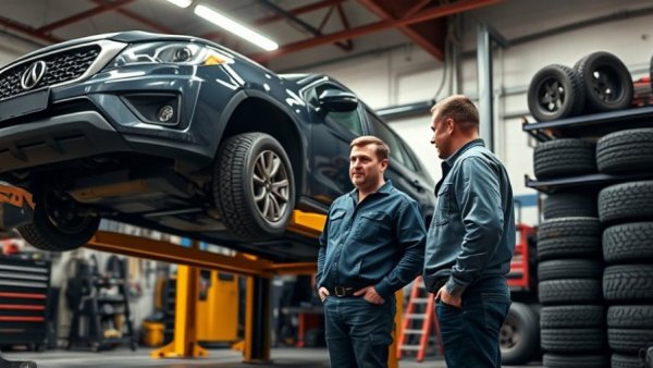 Mechanics examining a vehicle at Brad Holtkamp Automotive, history of automotive service.
