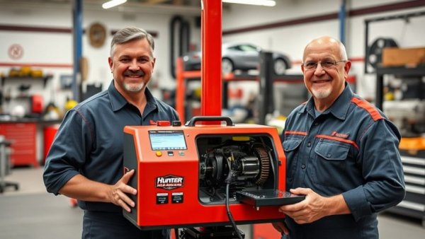 Mechanics with Hunter Hawkeye Elite alignment machine in garage