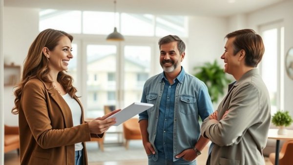 Friendly real estate agent showing home to couple, AI adoption in real estate deals.