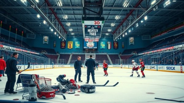 Michigan ice arena with hockey players and equipment.