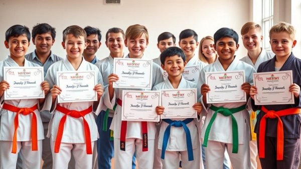 Children celebrating martial arts achievement by holding certificates.