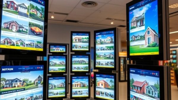 Digital real estate display screens in an indoor agency setting.