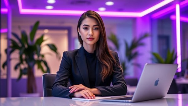 Confident young woman in office, structured marketing education programs.