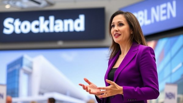 Confident speaker discusses housing budget with Stockland and NBN logos.