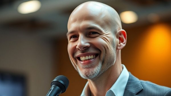 Smiling bald man with microphone in professional setting.