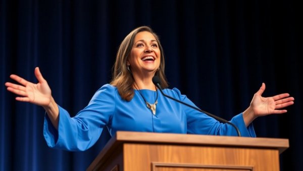 Woman speaking at podium about Michigan election rule changes.