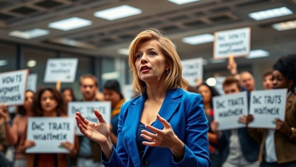 Mallory McMorrow engaging in public discussion, surrounded by supporters with signs.