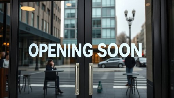 Detroit area restaurant openings sign on reflective glass doors.