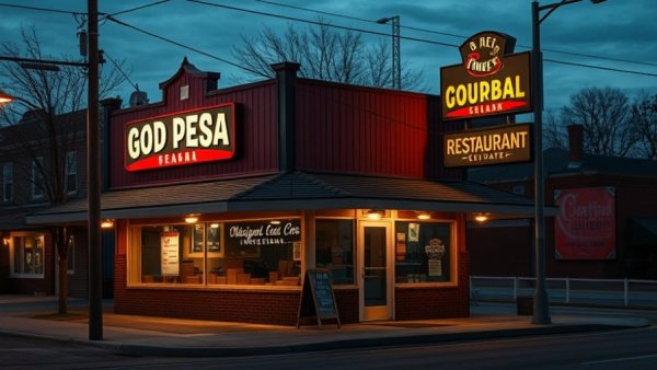 Sunset view of a closed Michigan restaurant, dim lighting.