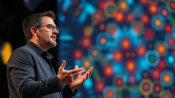 Dynamic speaker presents on stage, highlighting Microsoft cloud business growth.