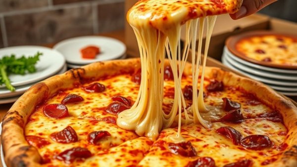 Delicious Chicago-style pizza slice in Michigan with cheese pull.