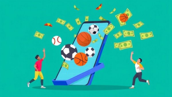 Sports betting on college campuses concept illustration with smartphone and cash.