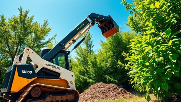 John Deere MB60 Material Boom lifting amidst trees under clear sky.