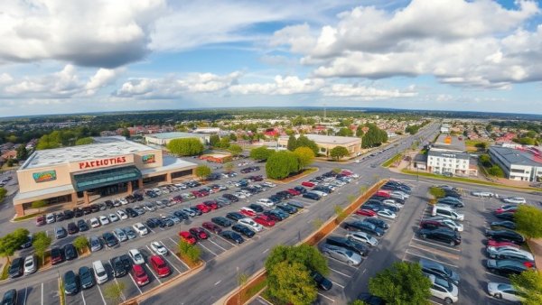 Aerial view of a busy parking lot beside a shopping center with green surroundings.