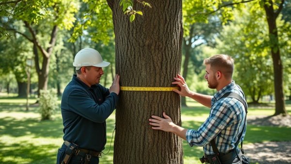 Arborists measuring tree in park setting