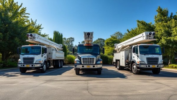 Utility trucks in a lot surrounded by trees on a sunny day.
