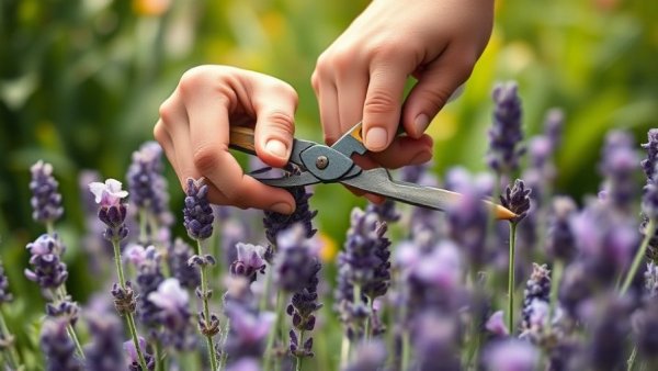 Pruning lavender flowers in vibrant garden setting