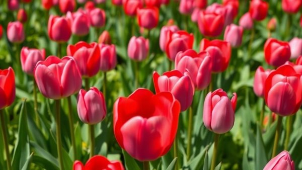 Close-up of short pink and red tulips in spring garden.
