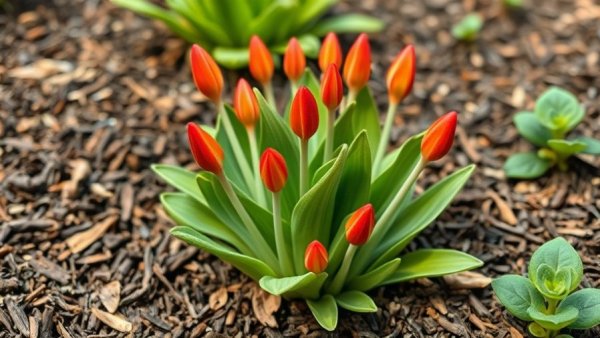 Emerging perennial plant with white flowers in garden bed.