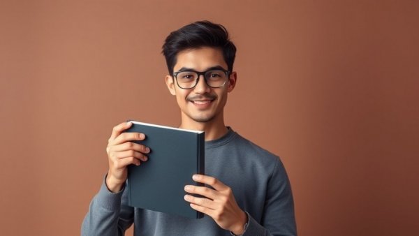 Confident young man with book, boosting 90% repeat order rate