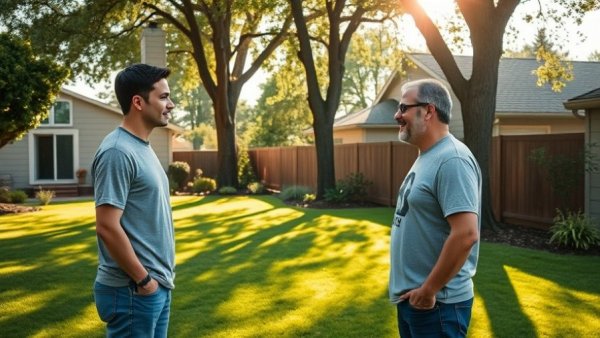 Two men discussing solo lawn care operation in a backyard.