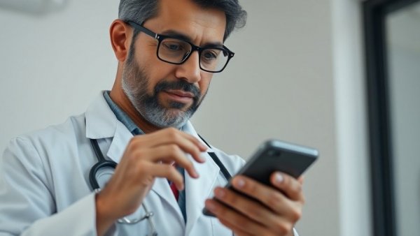 Doctor using smartphone, related to Michigan medical debt reform.