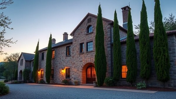 Charming historic flour mill building with stone walls and trees