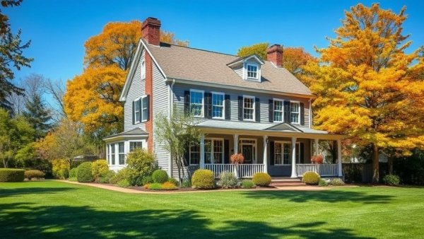 Berkshire real estate market trends: grey colonial house in lush garden
