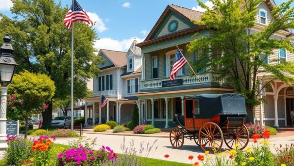 Charming downtown strip in Michigan with horse-drawn carriage.