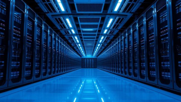 Futuristic Michigan data center with illuminated server rows.