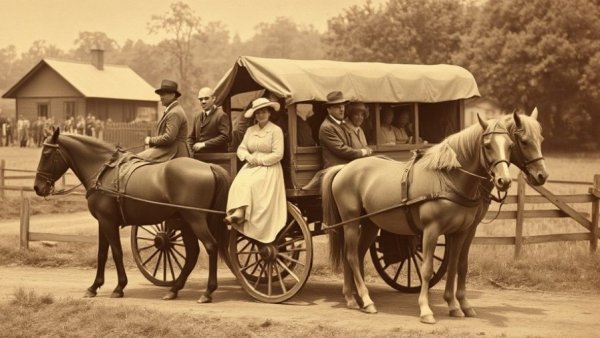 Vintage photo of horse-drawn wagon in 1882, Northeast Michigan history.