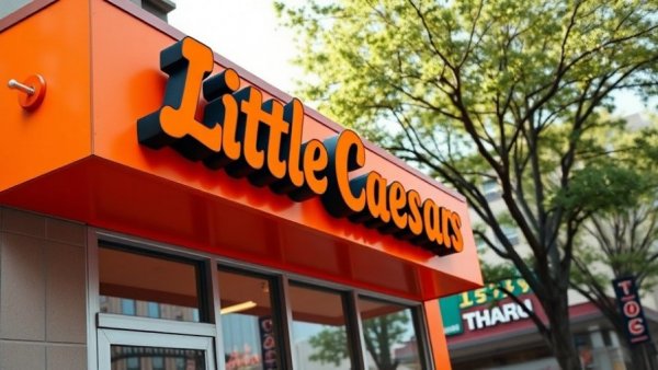 Little Caesars restaurant exterior with bright signage and trees