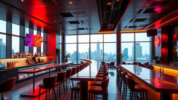 Contemporary bar interior in Metro Detroit with city views.