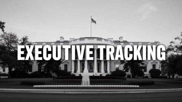 Monochrome White House image with executive order tracker text.