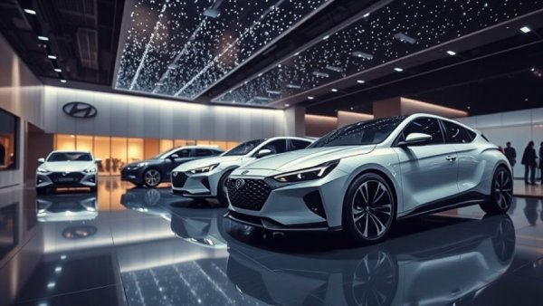Futuristic Hyundai vehicles in a modern showroom illustrating 2026 trends.