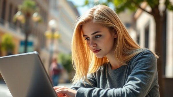 Focused young woman studying analytics marketing master's degree outdoors.